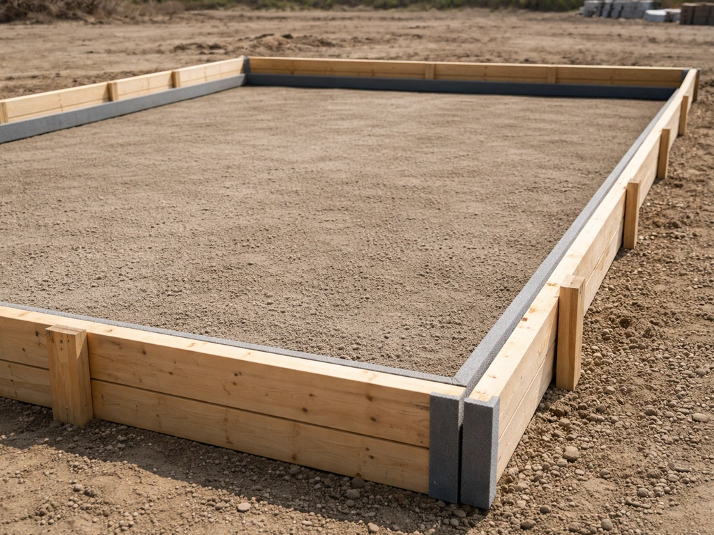 Patio slab forms built with doubled 2x4 boards and foam edge material around the perimeter, ready for pouring.