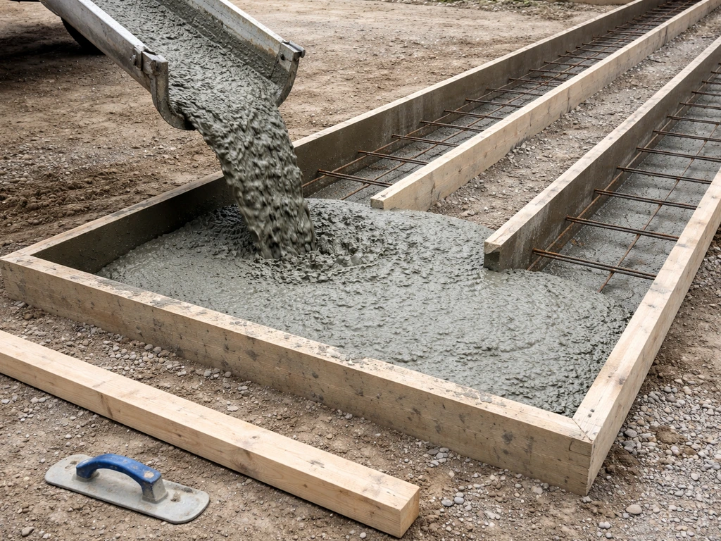 Ready-mix chute pouring concrete into rebar-filled forms, with a screed board laid out nearby.