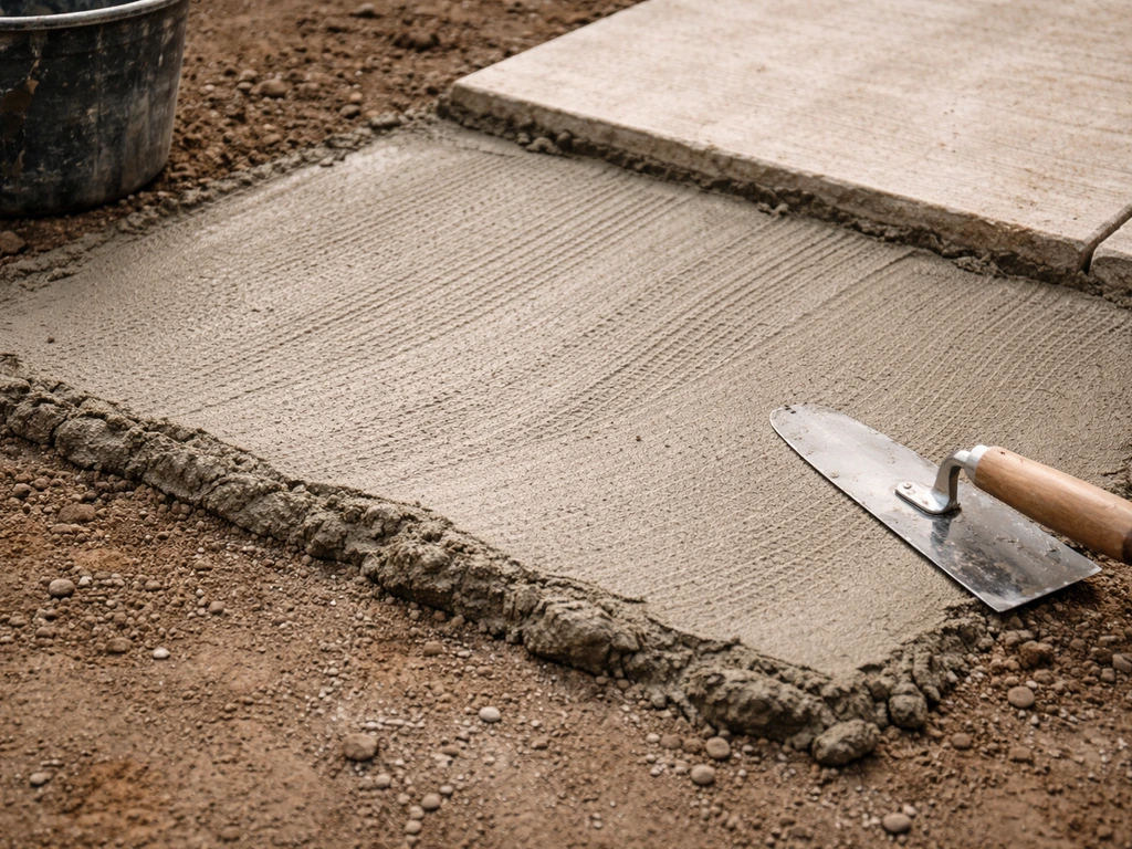 Close-up of spreading and troweling a smooth ~50mm mortar bed on a patio base.
