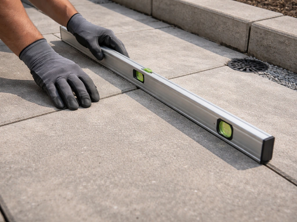 Patio surface with a straightedge showing correct drainage slope toward a drainage outlet