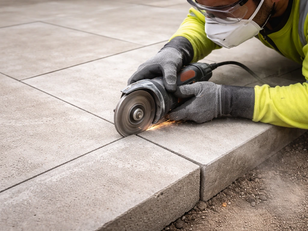 Angle grinder cutting a concrete patio slab at an edge corner, PPE visible and cut line aligned