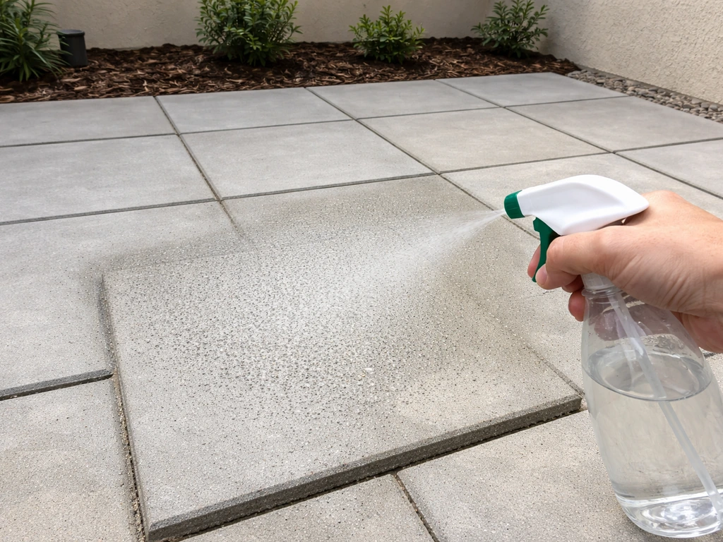 Hand-held spray bottle misting newly placed concrete pavers on an empty patio for curing care.