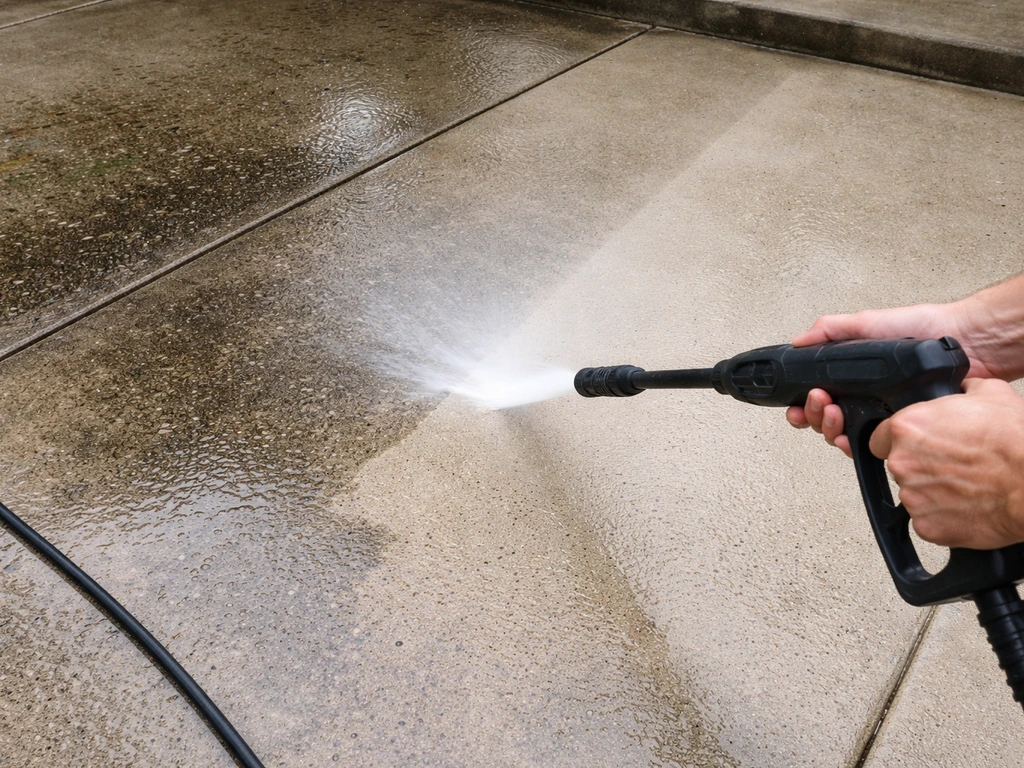 Hands pressure-wash a cement patio, rinsing away dirt and mildew with a spray of water.