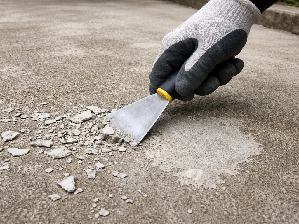 Gloved hand scraping peeling old coating off a concrete patio, revealing bare concrete underneath.