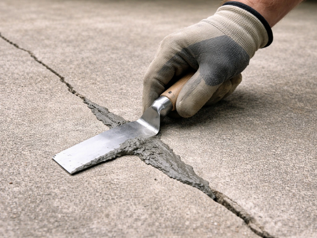 Hand troweling exterior concrete crack filler into a cement patio crack before painting.