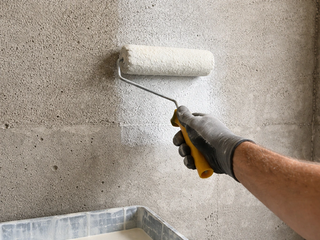Hand applying concrete bonding primer with roller on rough concrete wall to seal dust and prevent uneven paint absorptio