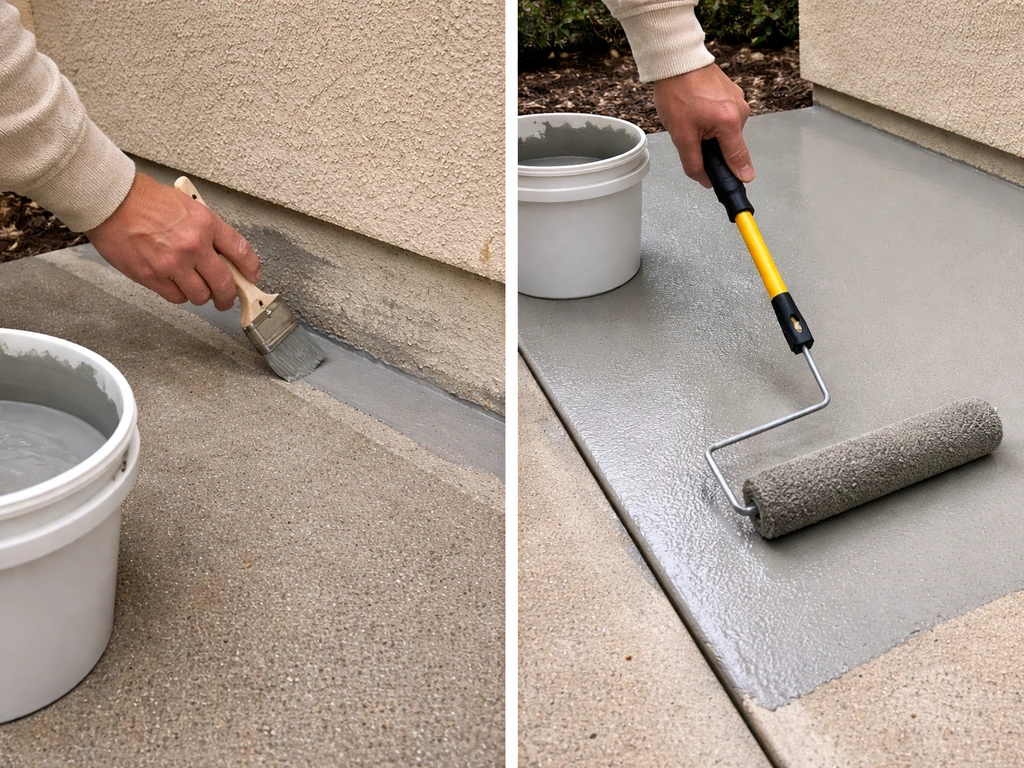 Hands use a brush to cut in patio edges, then roll cement paint in an even wet coat.