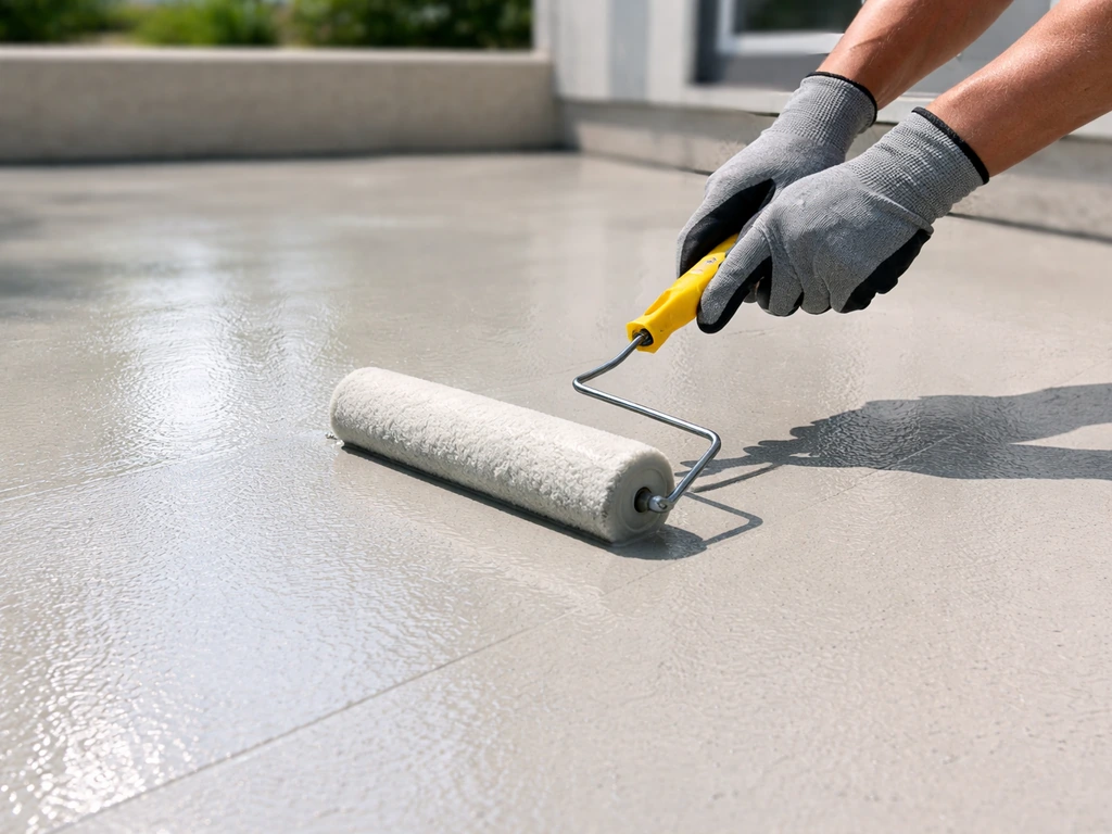 A person rolling clear exterior sealer onto a freshly painted outdoor patio surface