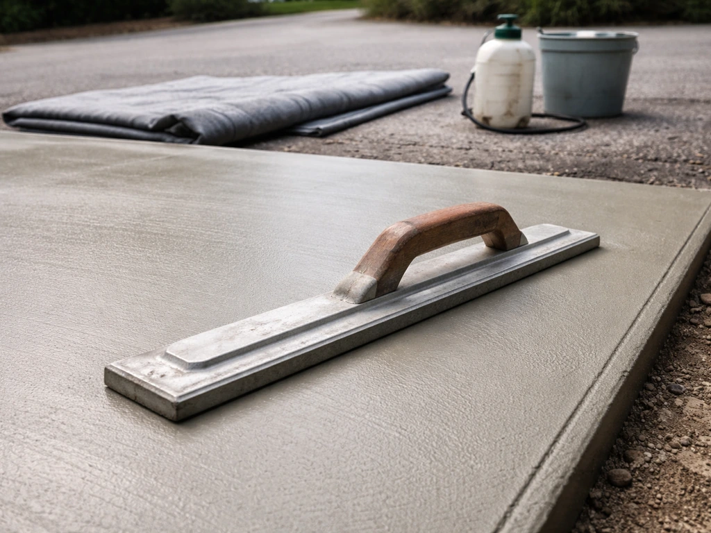 Concrete patio slab finished with a magnesium/wood float, ready for curing compound or blanket