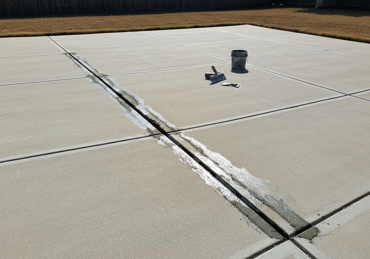 Wide view of a cracked cement patio with partially patched and sealed sections ready for repair.