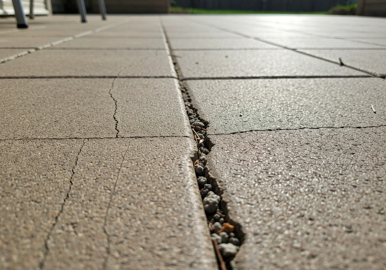 Close-up patio surface showing multiple crack types for identifying shrinkage and other damage.
