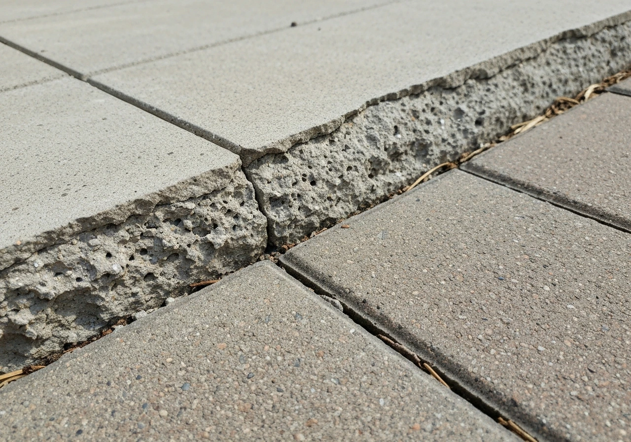 Close-up of spalled concrete patio edge with flaking, pitted surface, and damaged boundary ready for repair.