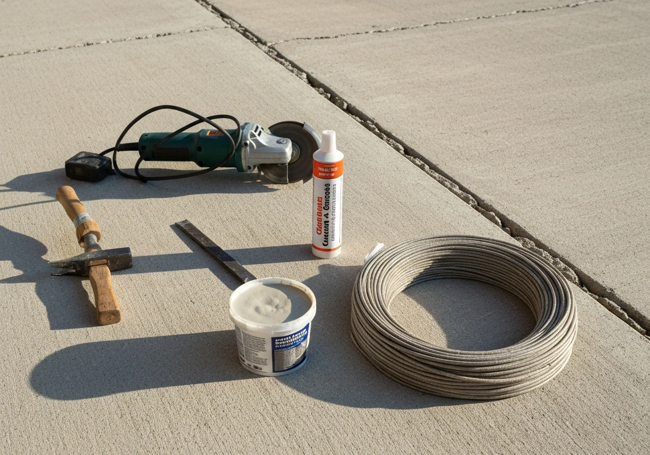 Tools and concrete crack repair materials neatly laid on a patio—chisel, hammer, grinder, caulk and backer rod.