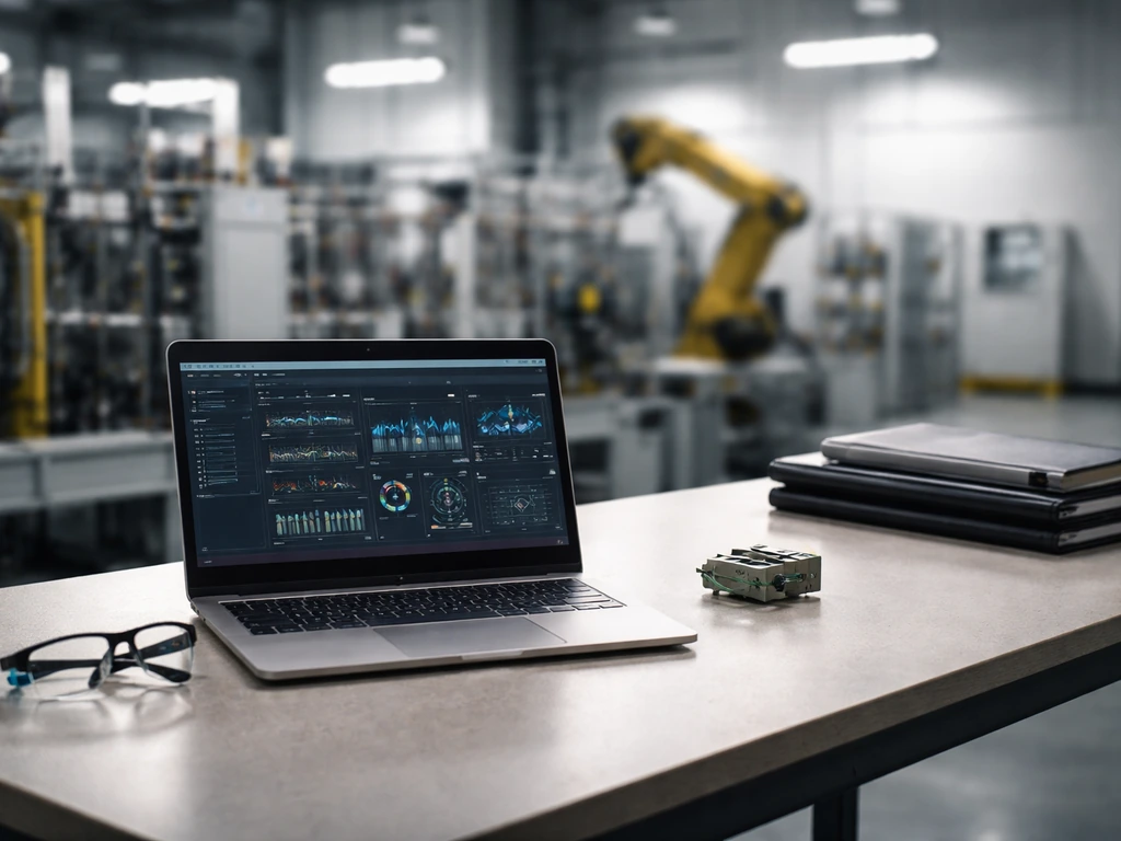 Anonymous industrial automation workbench with laptop and portfolio in a control room, symbolic of business wealth analy