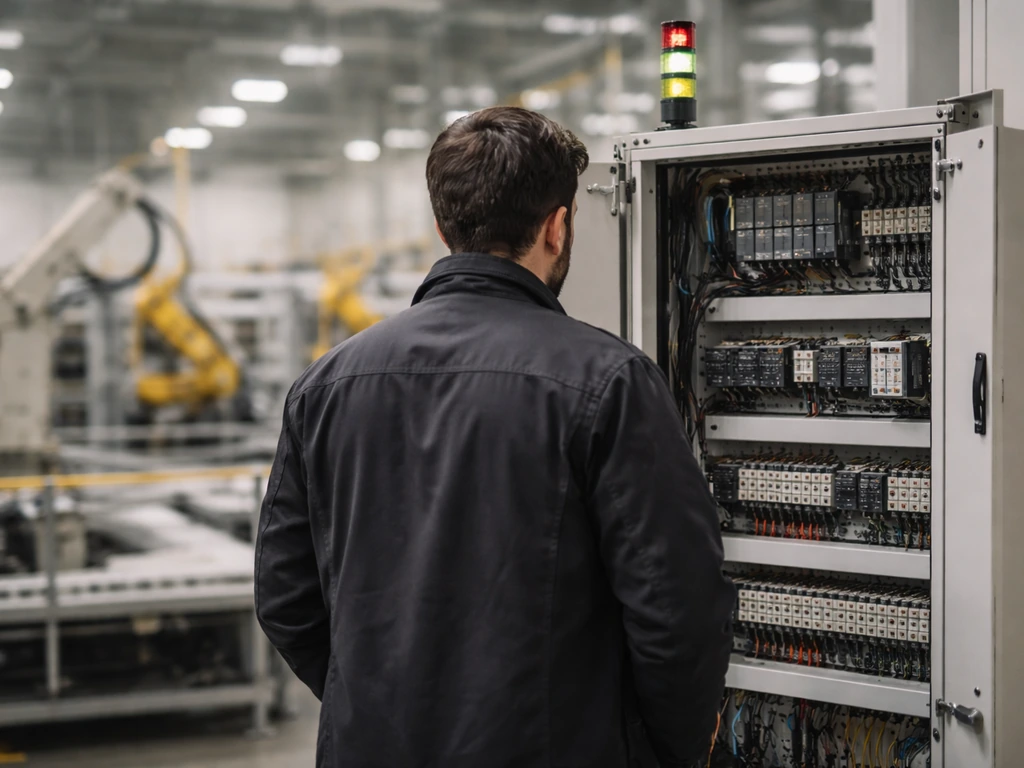 Anonymous engineer in an industrial automation room next to a metal control cabinet and factory robots
