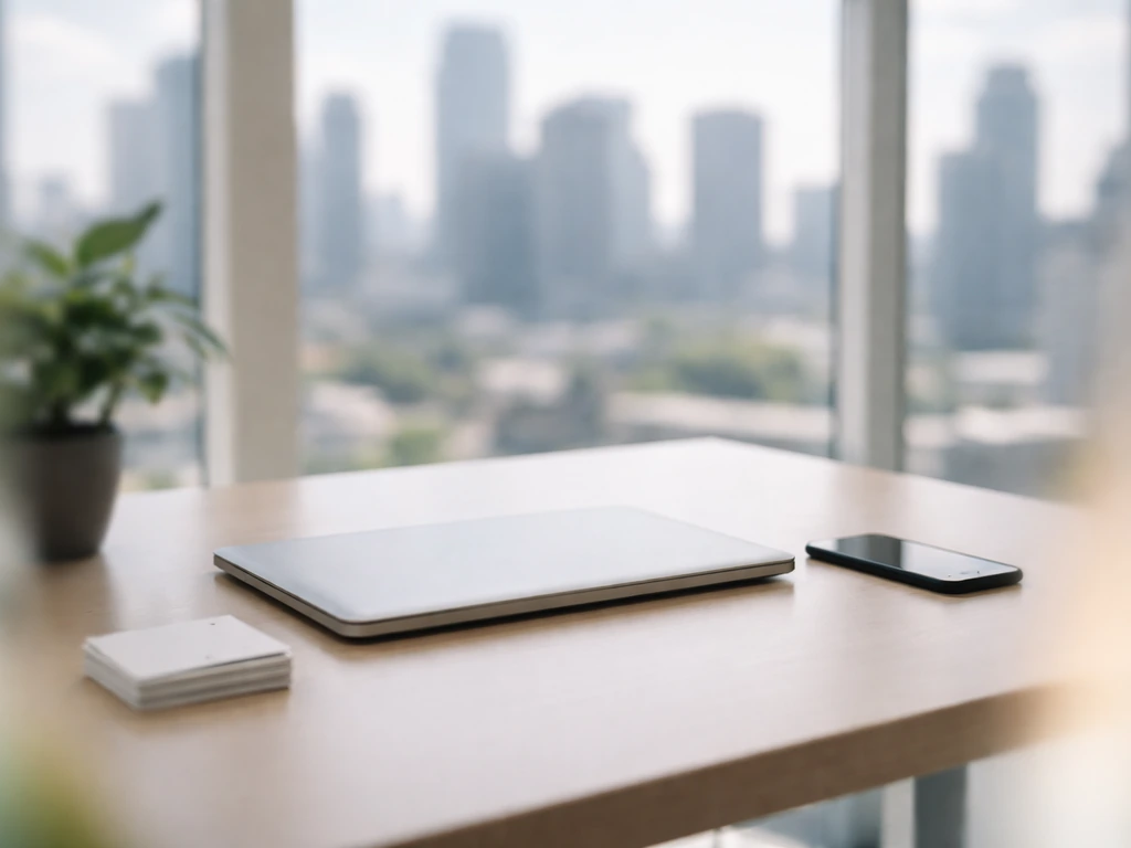 Minimal office desk scene symbolizing financial ranges, with a laptop, phone, and out-of-focus light band.