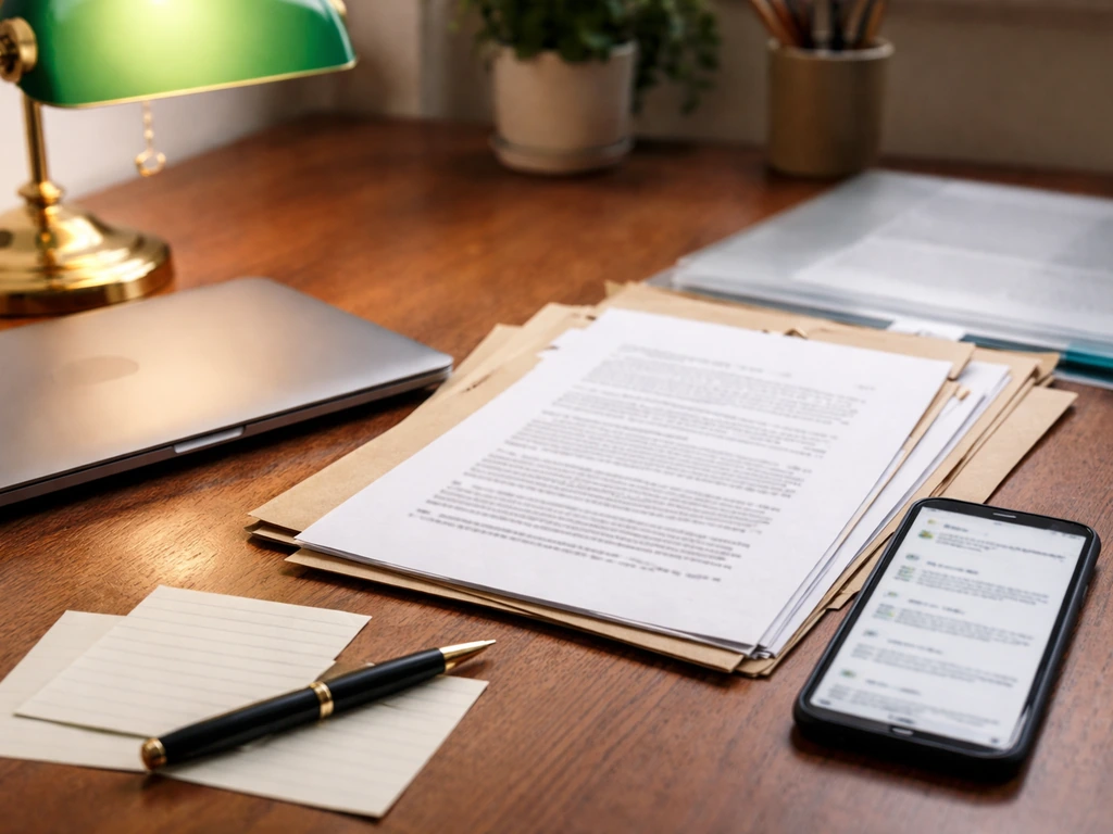 Minimal home office desk with documents, a phone, and pen, symbolizing verifying financial estimates.