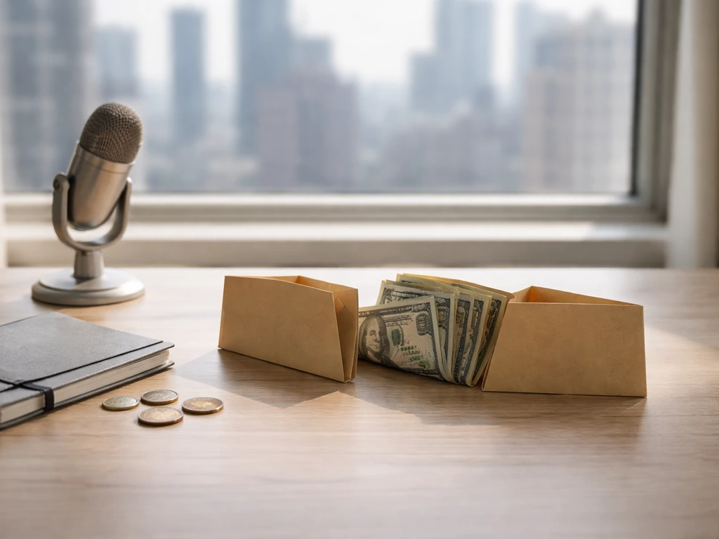 Minimal desk with microphone and coins near open envelopes suggesting a money estimate range, no text.