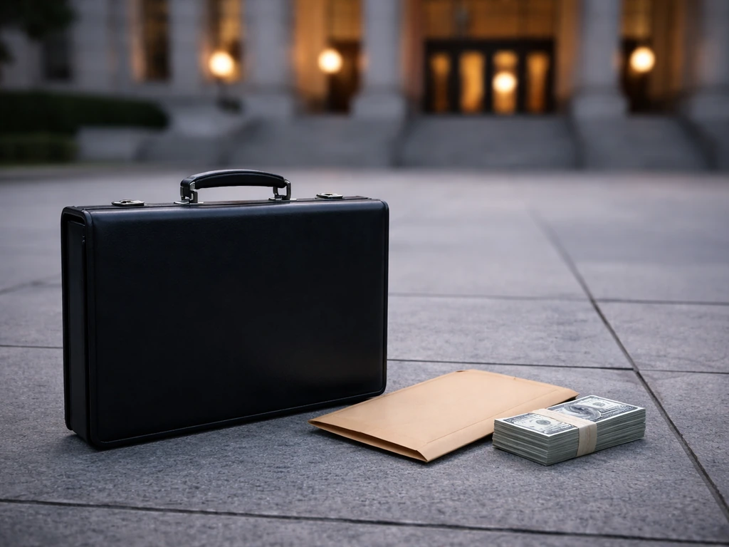 Courthouse steps with a sealed envelope and a small stack of cash beside a briefcase