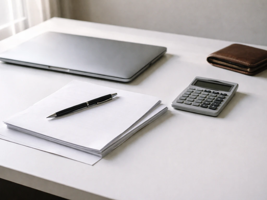 Minimal office desk with calculator and documents, suggesting net worth calculation from assets and liabilities