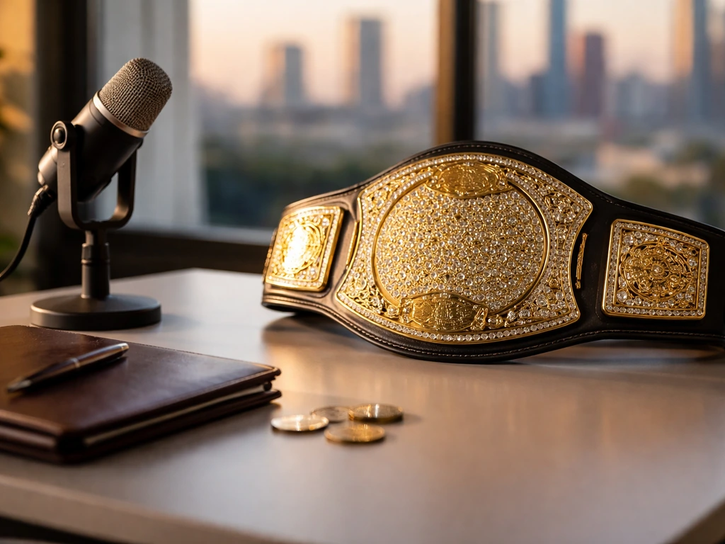 Championship belt and studio microphone on a desk with a soft city skyline backdrop.