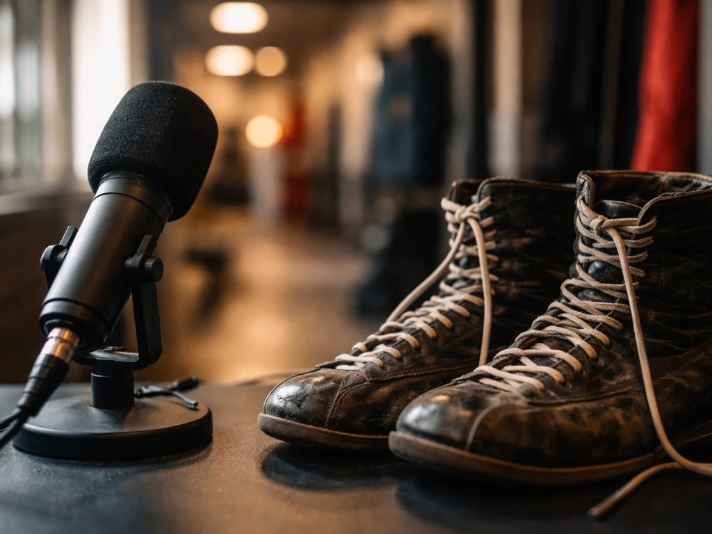 Close-up of a studio microphone and worn wrestling boots on a desk, backstage vibe without any person.