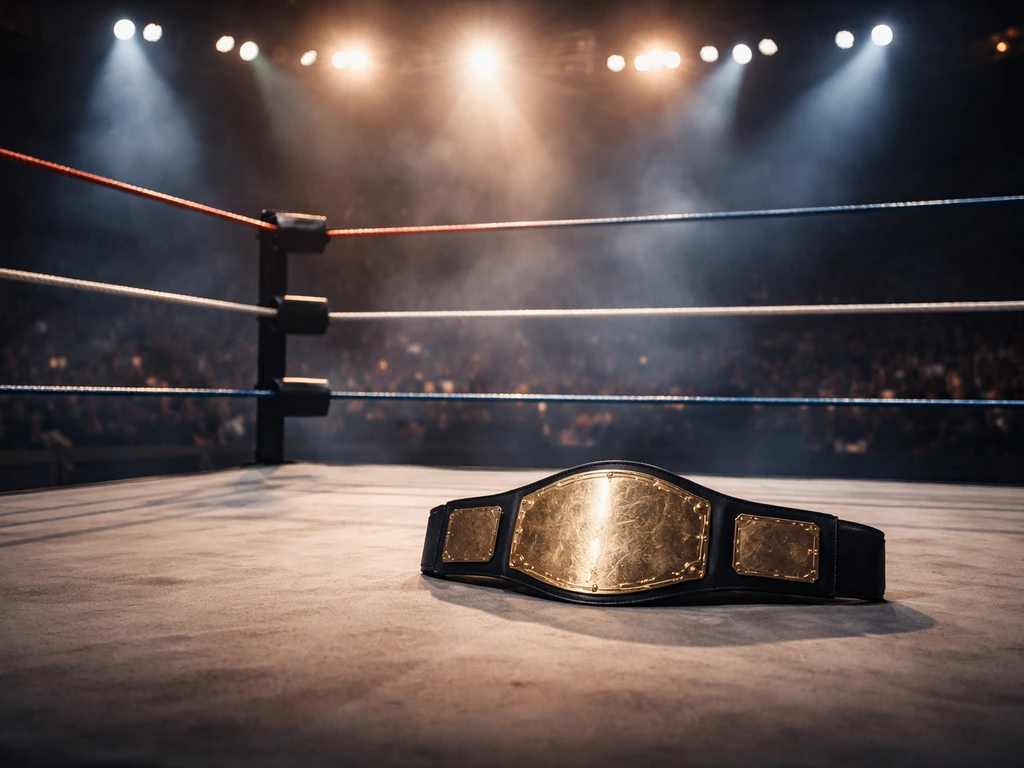 Empty wrestling ring under arena lights with championship-style belt on the mat, symbolizing pro wrestling career earnin