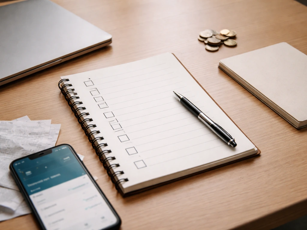 Minimal desk scene with notebook checklist boxes, pen, receipts, coins, and a phone for finance research.