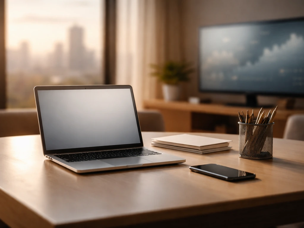 Modern office with a desk, tablet, and blurred city view symbolizing wealth management and net worth analysis.