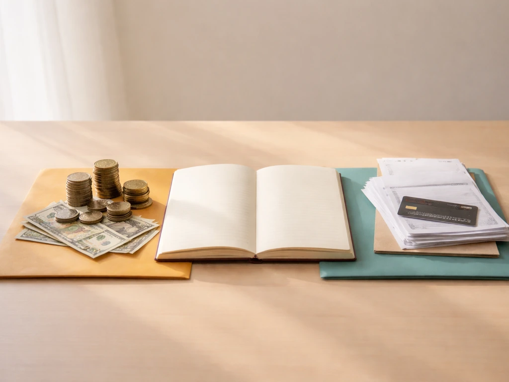 Simple office desk scene symbolizing net worth: coins and a notebook beside a small stack of bills.