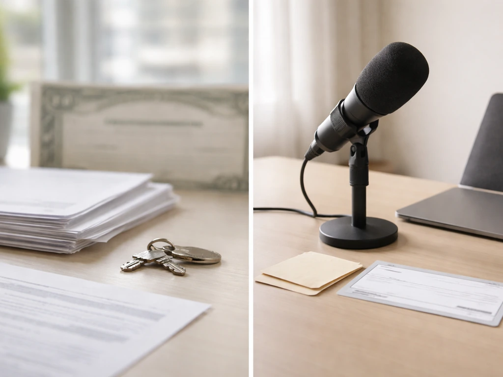 Split desk scene showing symbolic equity documents on left and compensation/advisory items with mic on right.