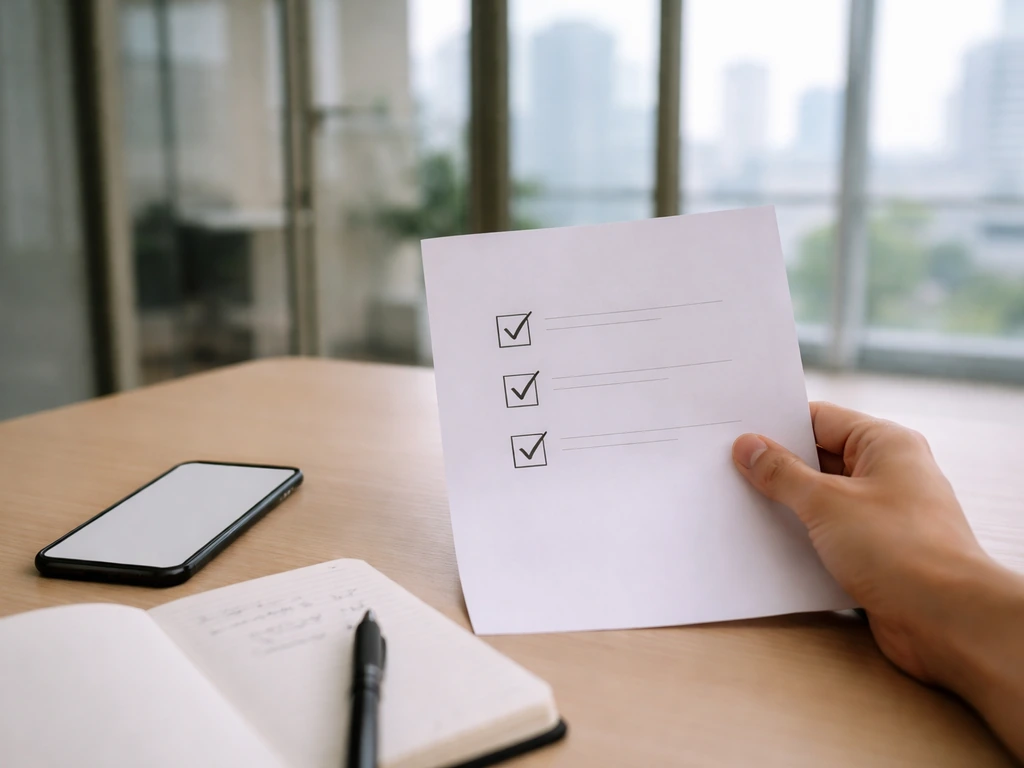 Anonymous hand reviews a checklist on a desk with smartphone nearby, symbolizing financial estimate verification.