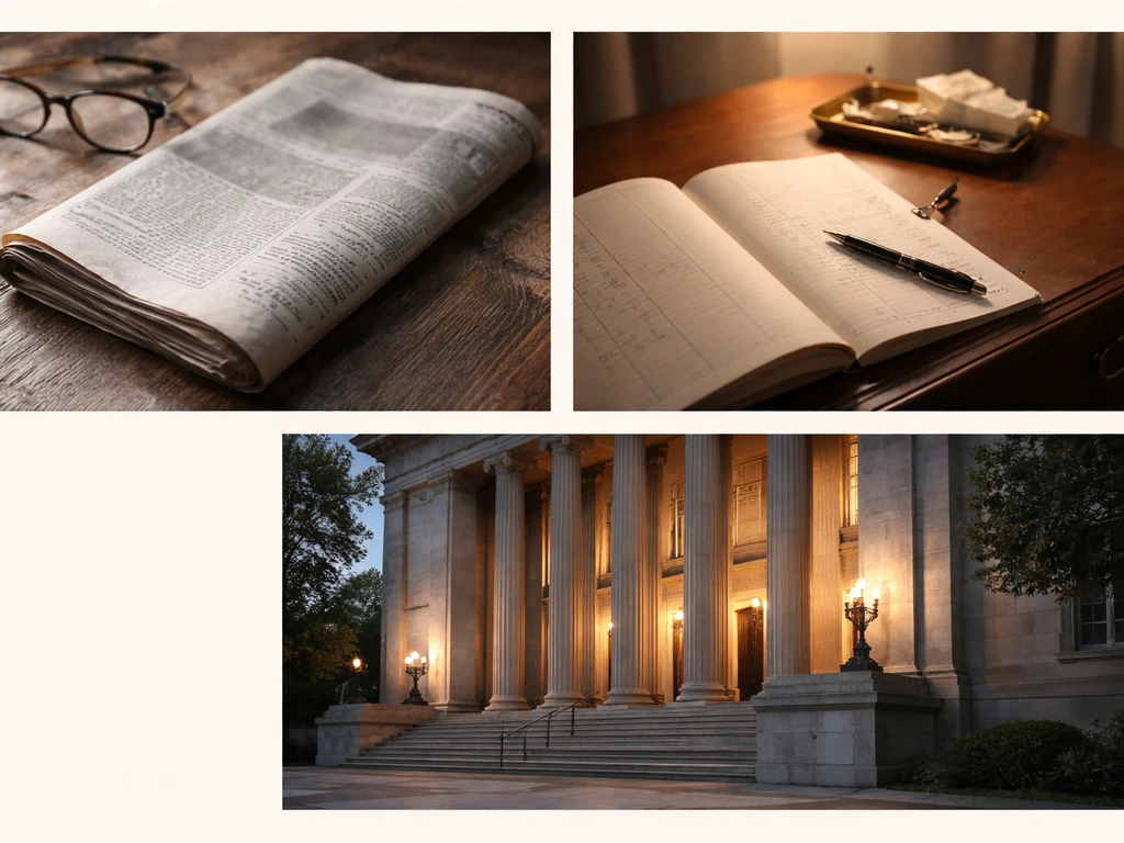 Three-panel collage: blurred obituary newspaper, ledger and pen, and a courthouse exterior.