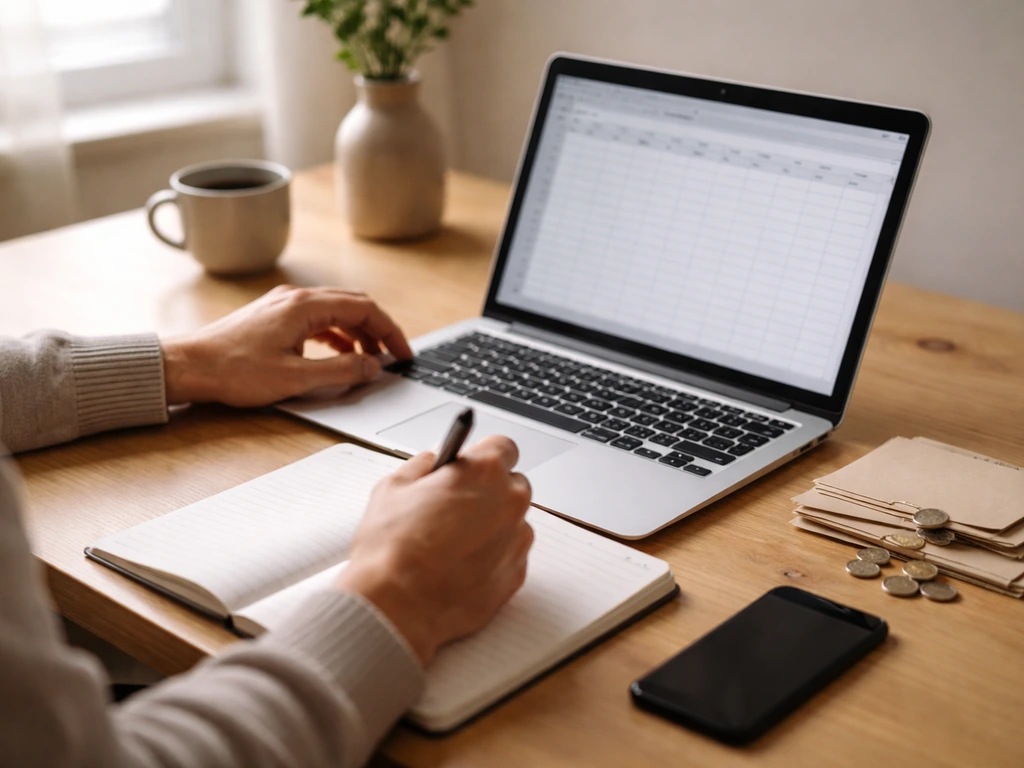 Anonymous hands reviewing a laptop grid, with coins and envelopes on a minimal office desk.