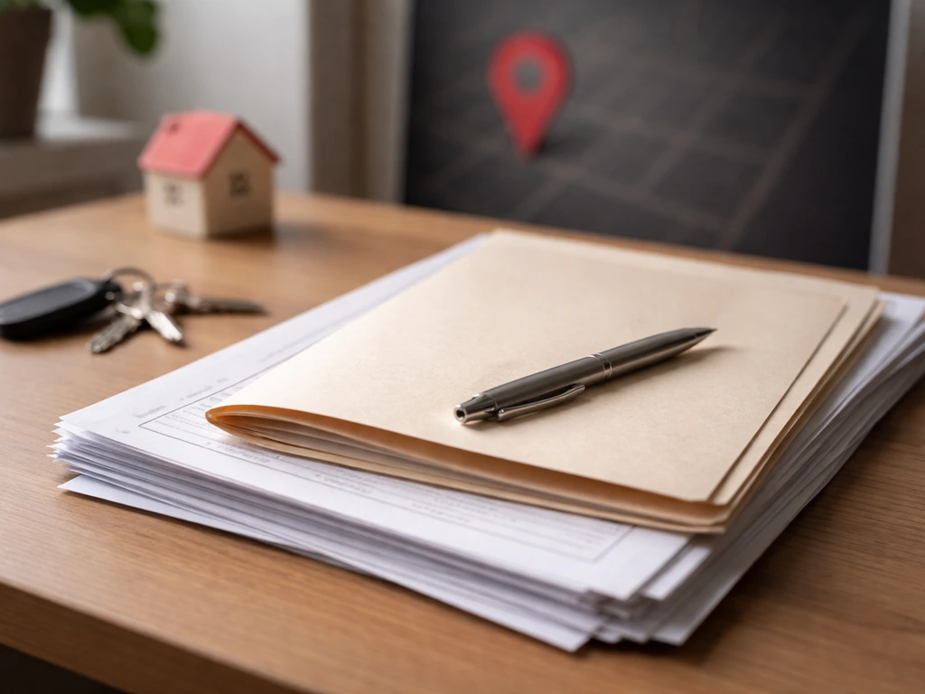 Minimal desk scene with real-estate documents, a pen, and an Indiana map-pin icon concept in the background blur