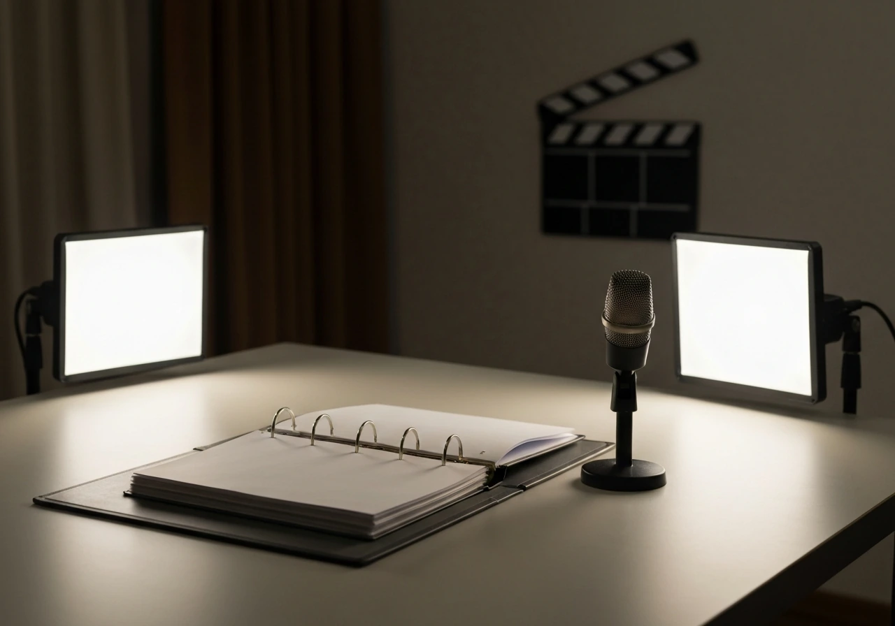 Quiet film production office with studio lights and a script binder, symbolizing acting and producing