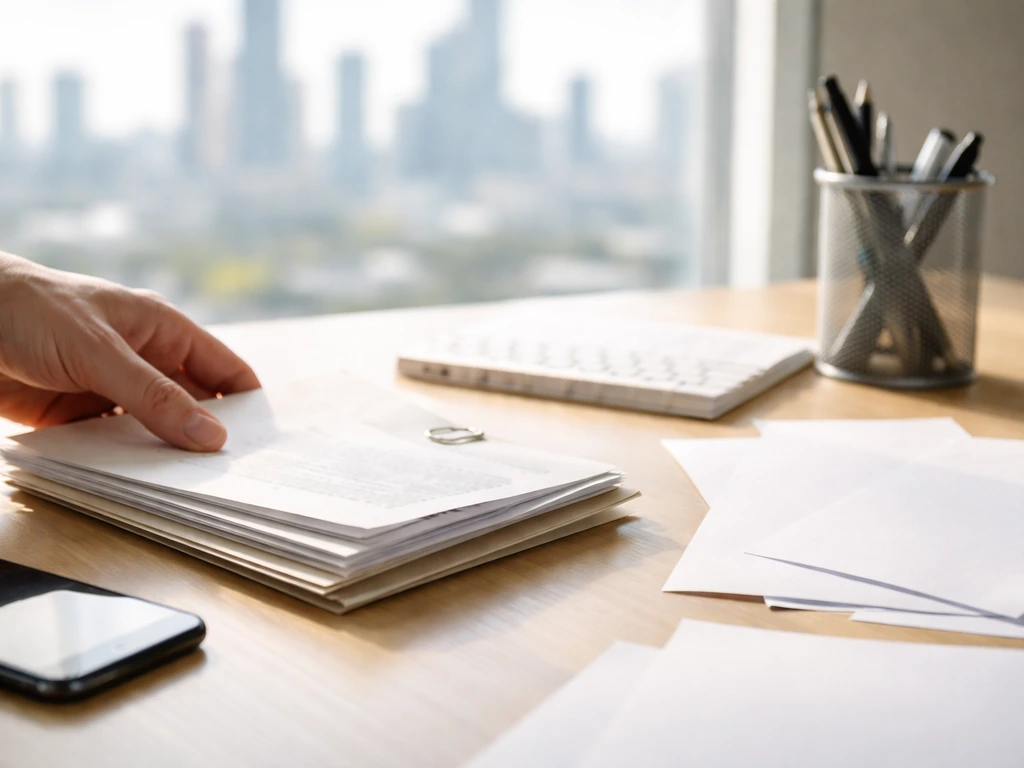 Hand places blank business documents on a desk near a phone, suggesting finance tracking signals.