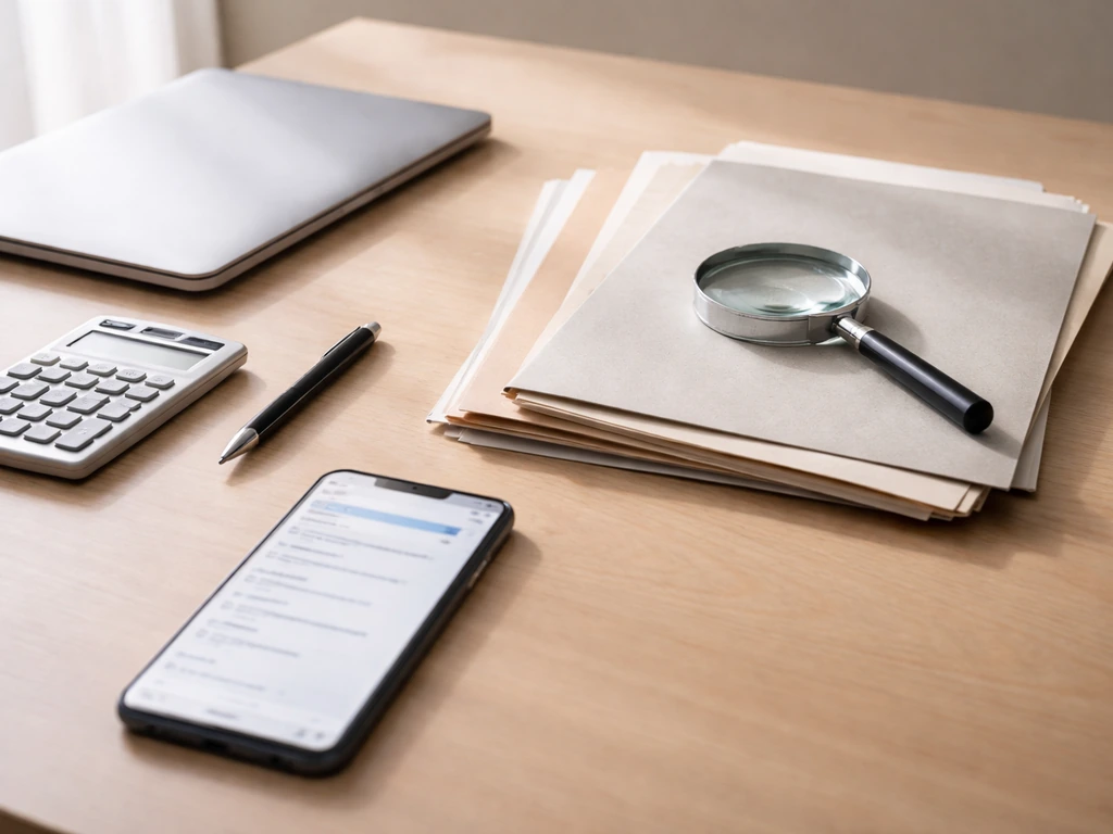 Minimal desk scene with smartphone, magnifying glass, and paperwork to symbolize verifying business records today.