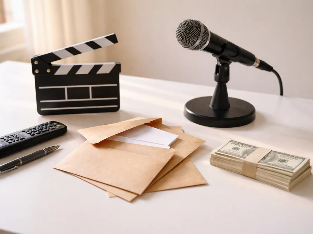 Minimal photo of a film set clipboard, envelopes, and a studio microphone symbolizing actor income streams.