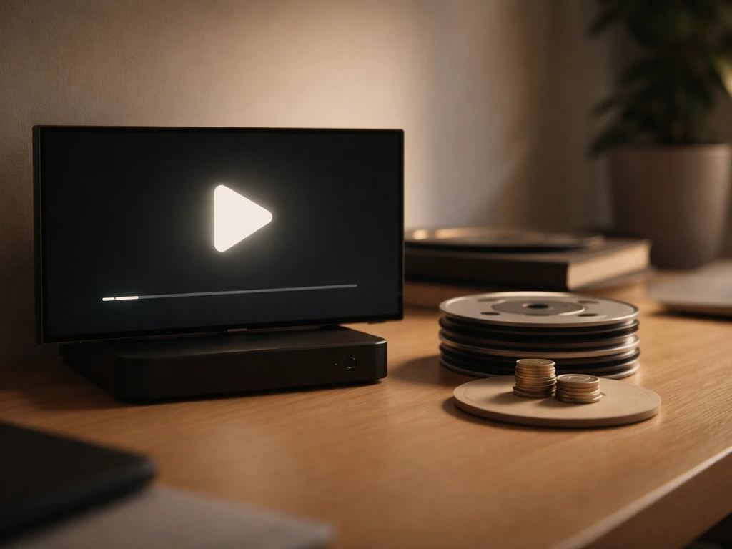 Minimal scene of a streaming-style media device with a play icon, timeline, and subtle residual symbols.