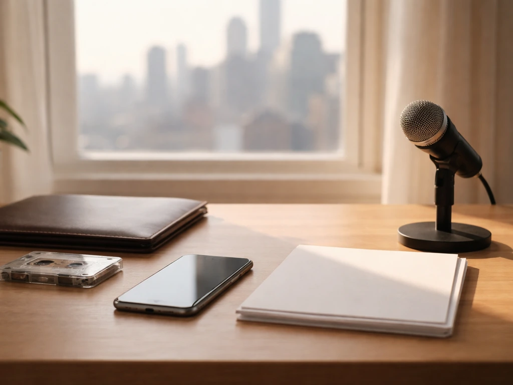 Minimal desk scene with microphone, phone, and portfolio suggesting a media-to-investing career timeline.