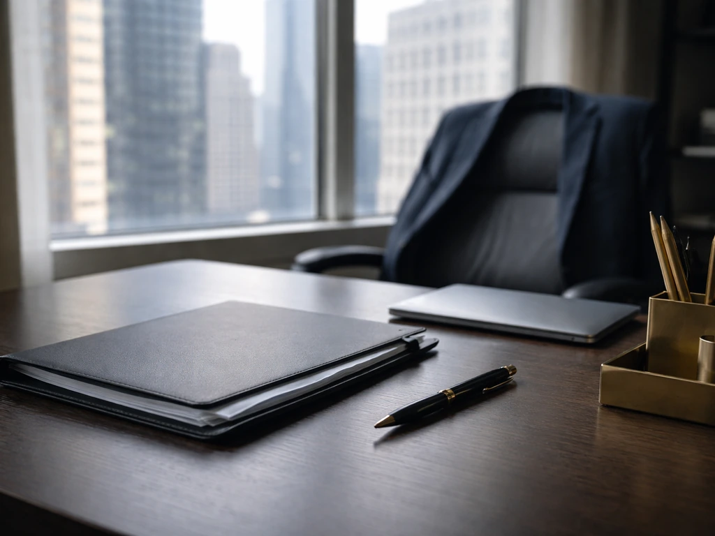 Modern investment office desk with legal folders and a blurred New York city view through a window.