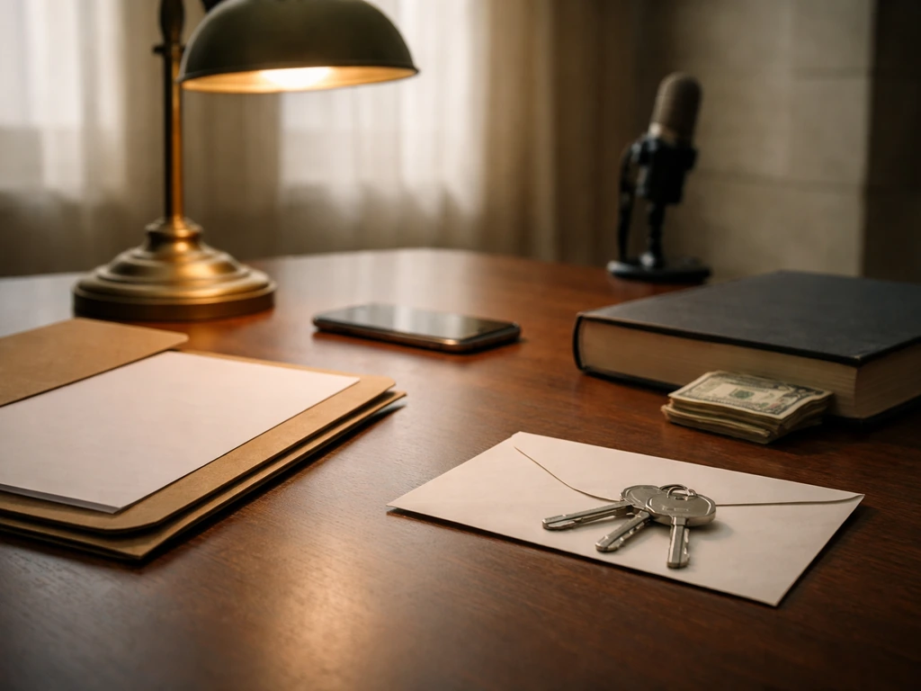 Minimal desk with a folder, envelope, cash, and a blurred legal/media backdrop suggesting settlements reducing wealth.
