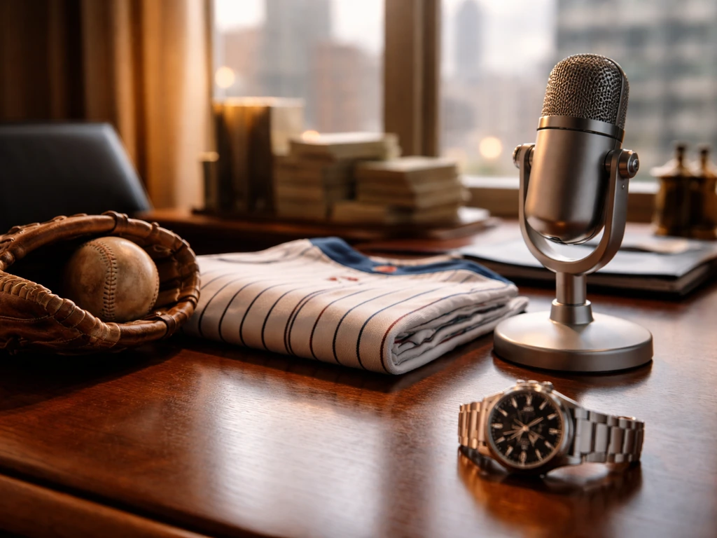 Minimal baseball-themed desk with glove, watch, and vintage items, suggesting peak-era professional earnings.