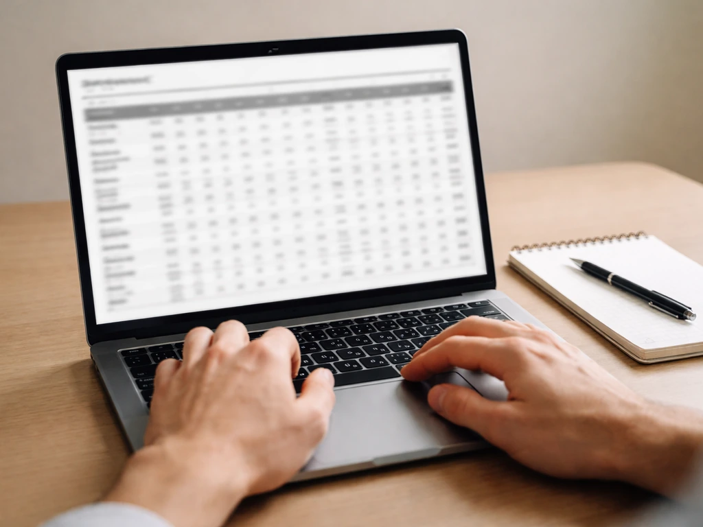 Hands reviewing a laptop with a blurred baseball stats table layout on a desk with a notepad and pen.