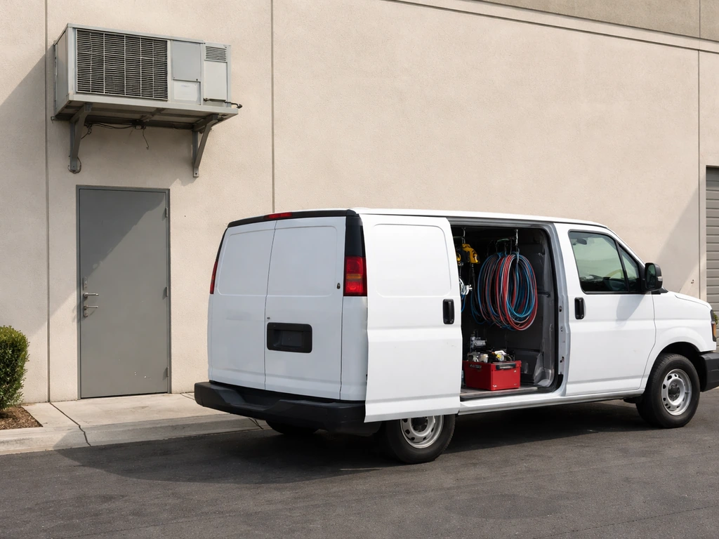 White HVAC work van and rooftop unit outside a simple Westminster industrial building, no people visible.