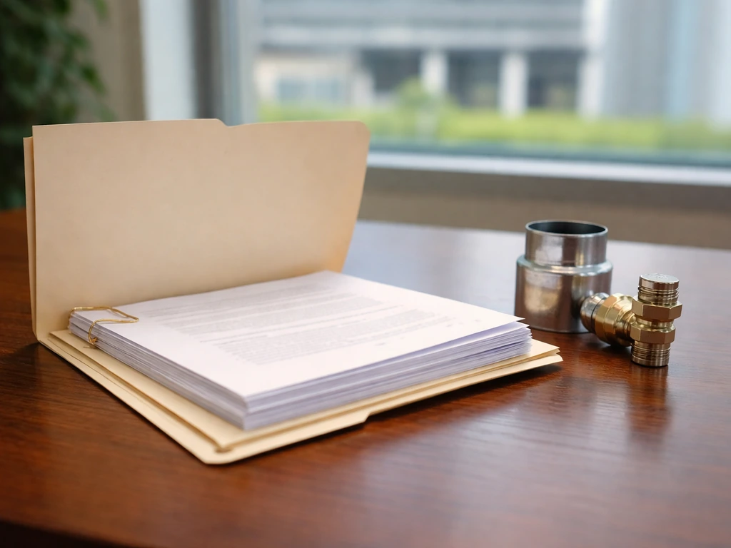 Warm-lit desk with a clean stack of business closing documents beside a modern HVAC system component