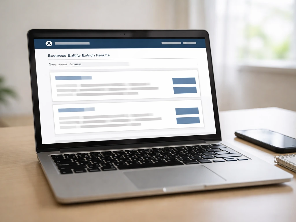 Laptop on a desk showing a generic business search results page with two visible result rows.