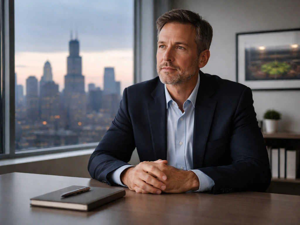 Anonymous businessman in a modern Chicago office, with a framed baseball field photo and skyline through a window.