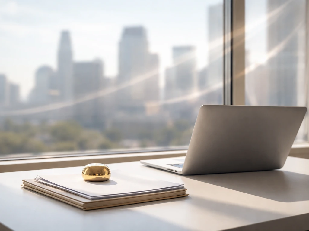 Minimal photo of a clean desk with an open laptop, coffee, and a blurred city skyline—symbolizing finance ownership.